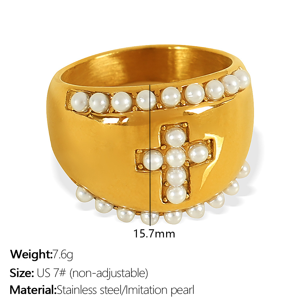 1 Piece Simple Series Retro Cross Stainless Steel  Gold Color Artificial Pearl Women's Adjustable Rings h5 